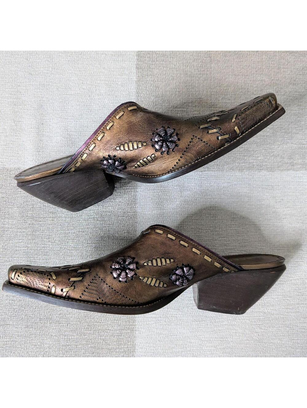 BCBGirls western metallic bronze leather mule booties